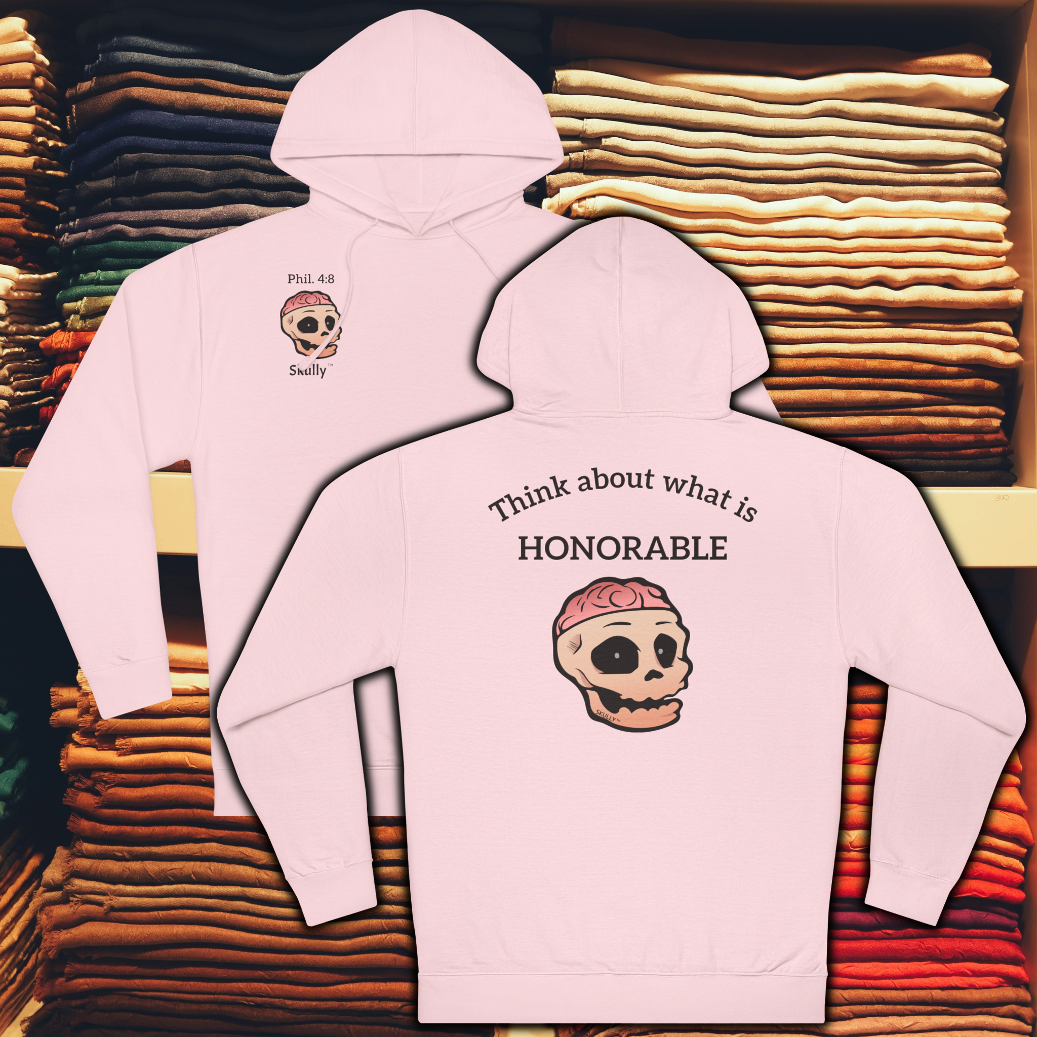 Skully 'Honorable' Unisex Hoodie, Cozy Philippians 4:8 Hooded Sweatshirt, Warm Comfortable Christian Hoody