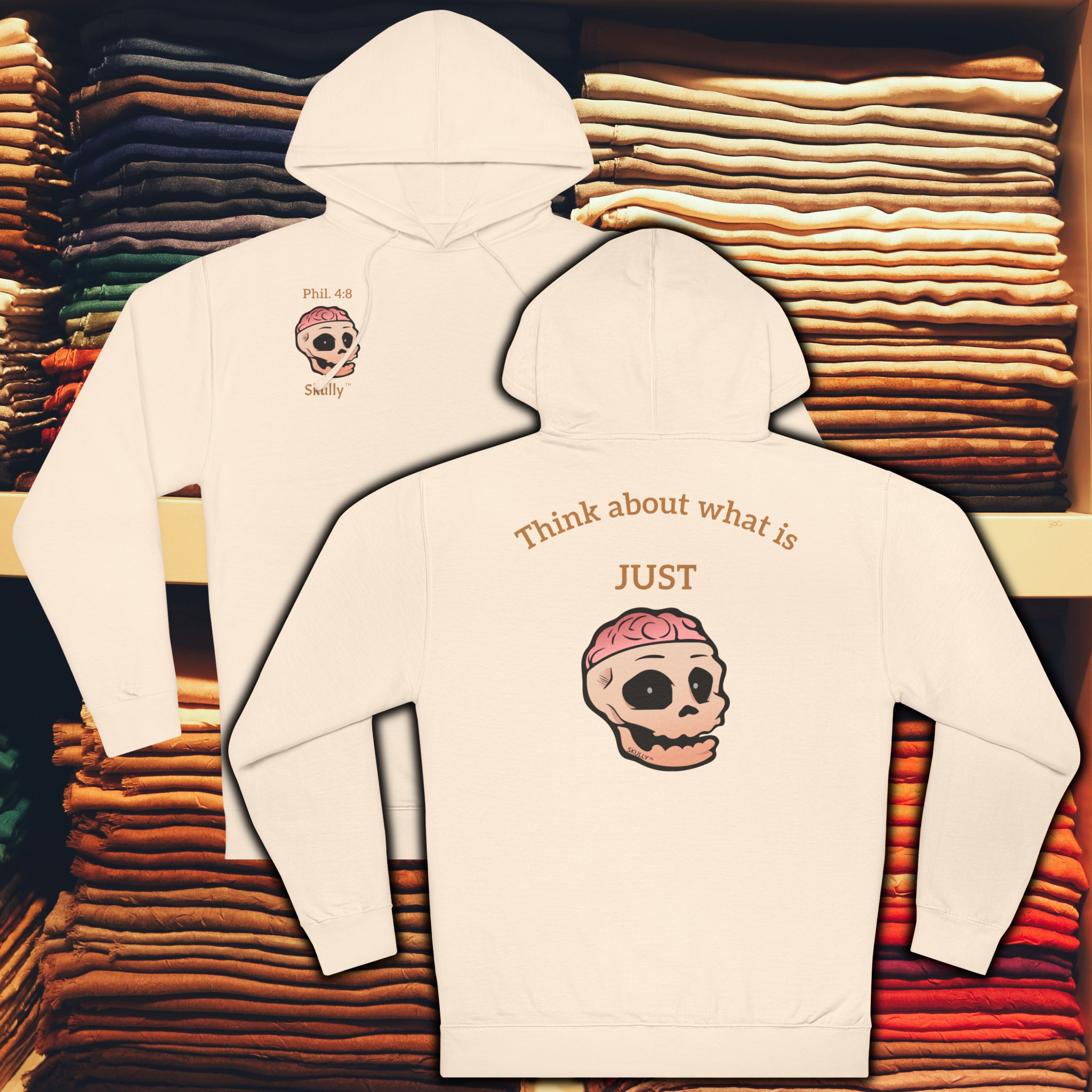 Skully 'Just' Unisex Hoodie, Cozy Philippians 4:8 Hooded Sweatshirt, Warm Comfortable Christian Hoody