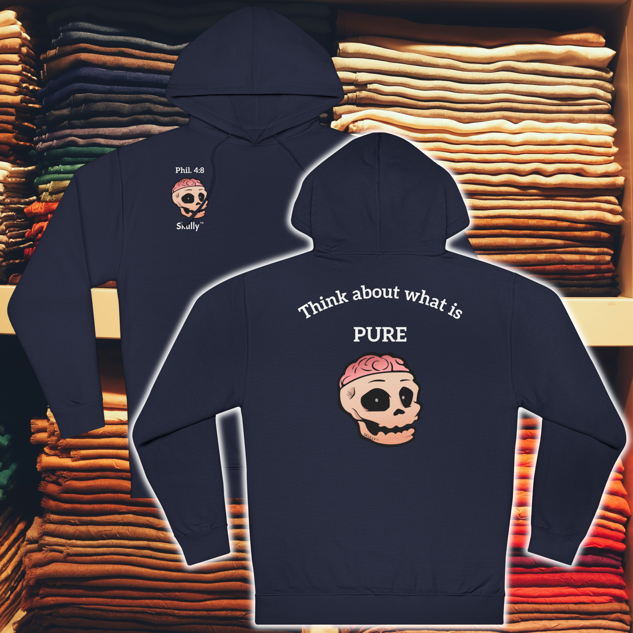 Skully 'Pure' Unisex Hoodie, Cozy Philippians 4:8 Hooded Sweatshirt, Warm Comfortable Christian Hoody