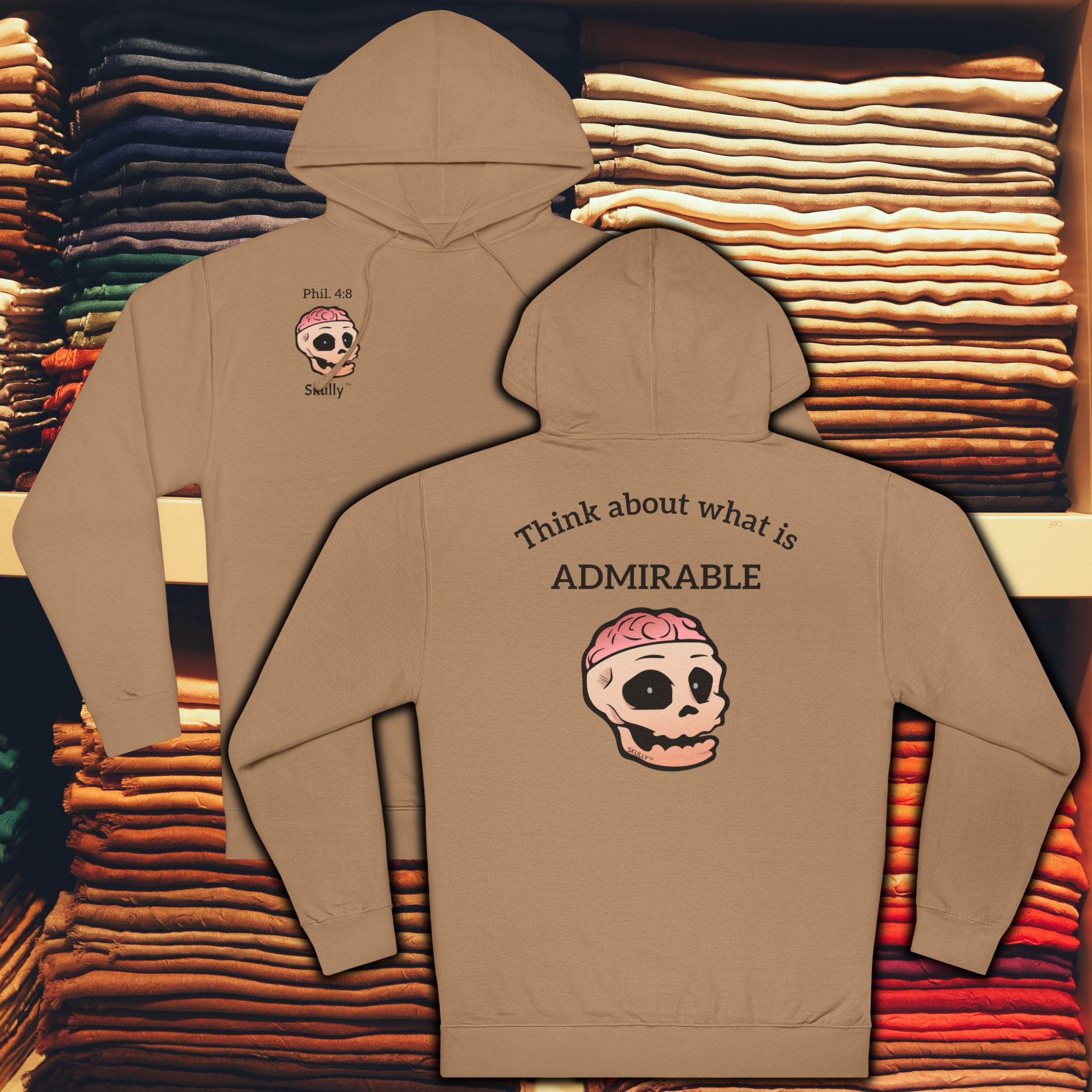 Skully 'Admirable' Unisex Hoodie, Cozy Philippians 4:8 Hooded Sweatshirt, Warm Comfortable Christian Hoody