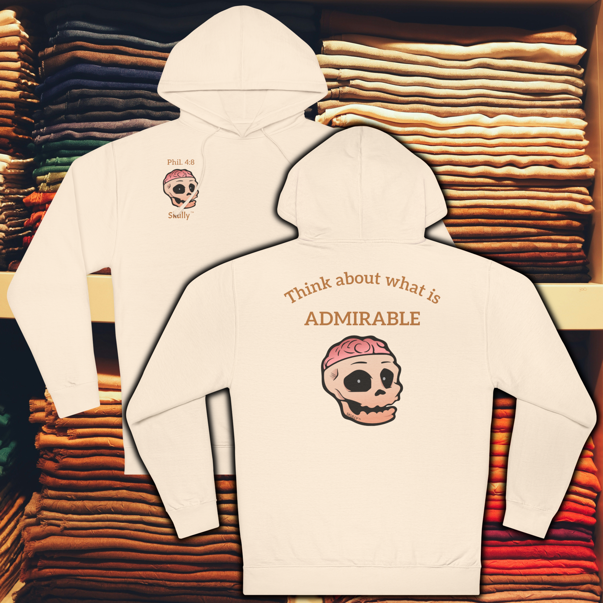 Skully 'Admirable' Unisex Hoodie, Cozy Philippians 4:8 Hooded Sweatshirt, Warm Comfortable Christian Hoody