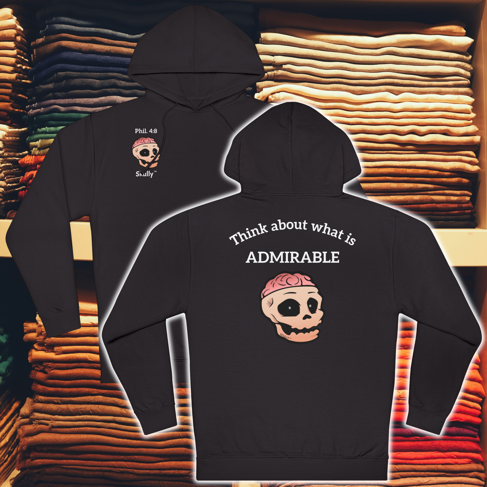 Skully 'Admirable' Unisex Hoodie, Cozy Philippians 4:8 Hooded Sweatshirt, Warm Comfortable Christian Hoody