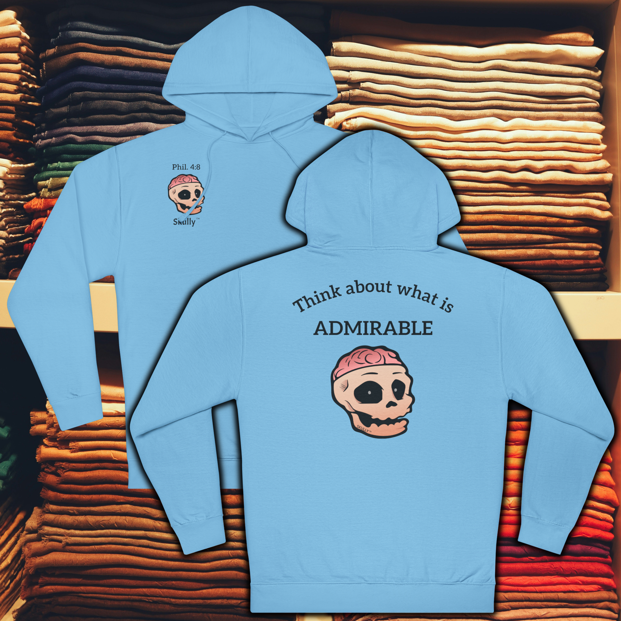 Skully 'Admirable' Unisex Hoodie, Cozy Philippians 4:8 Hooded Sweatshirt, Warm Comfortable Christian Hoody