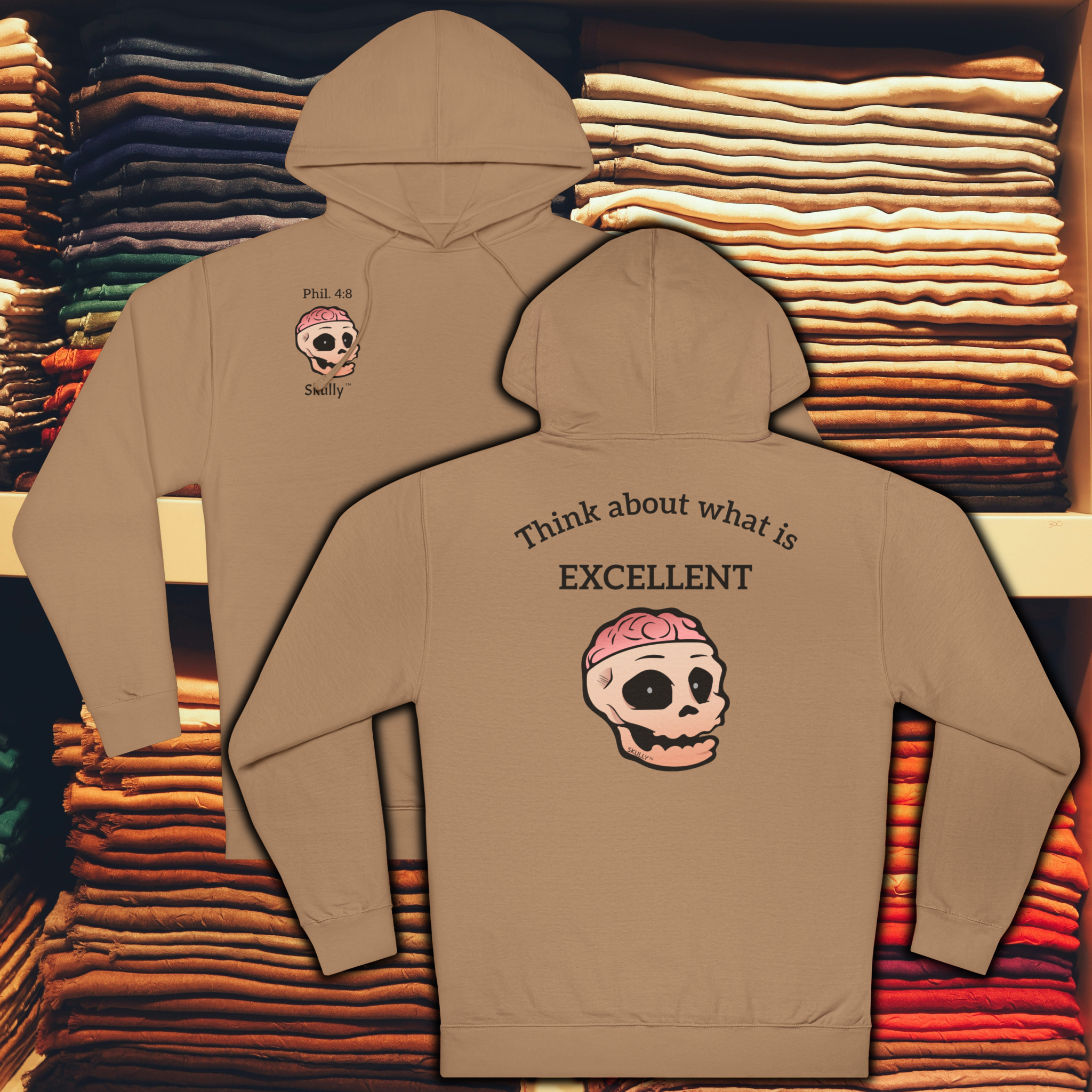 Skully 'Excellent' Unisex Hoodie, Cozy Philippians 4:8 Hooded Sweatshirt, Warm Comfortable Christian Hoody